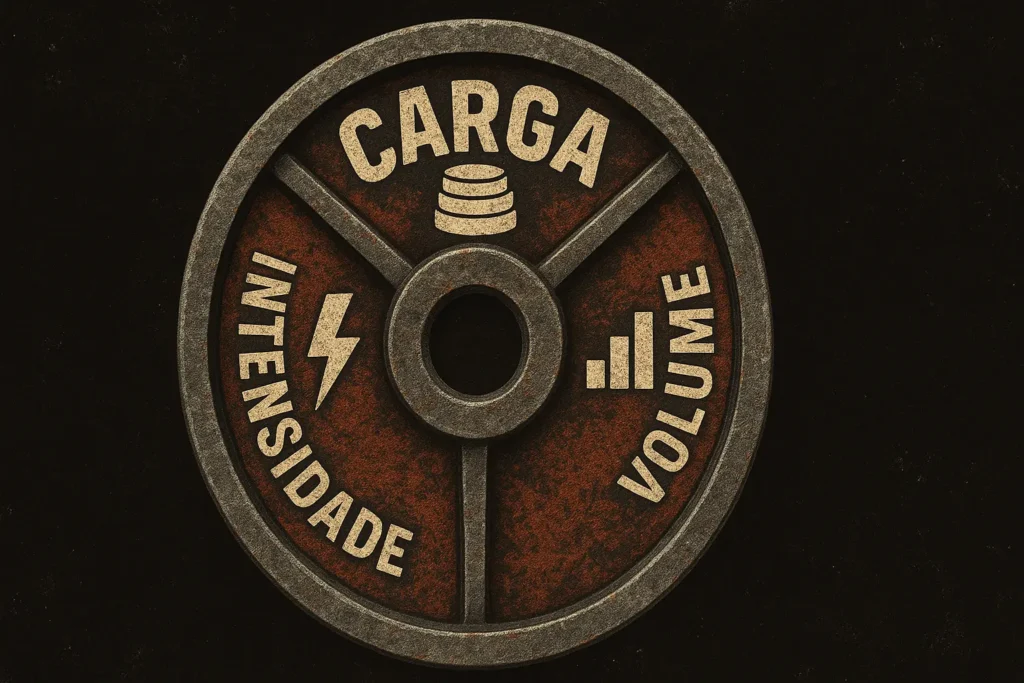 Anilha vintage para treinos de academia escrita CARGA, INTENSIDADE e VOLUME