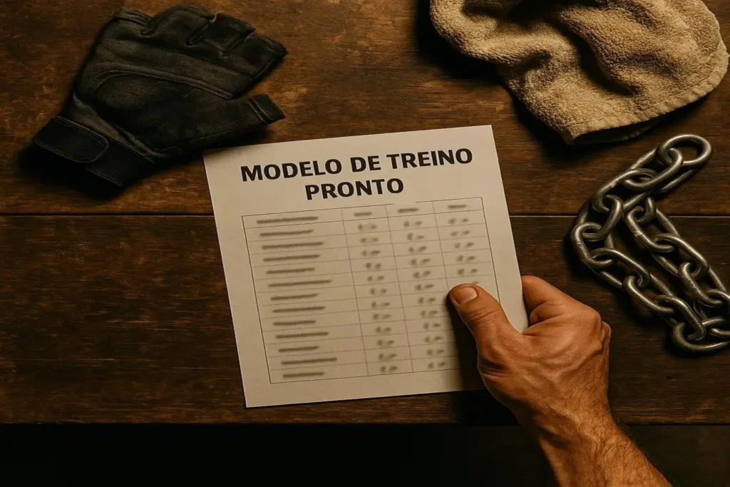 Ficha de treino de academia em papel sobre mesa de madeira