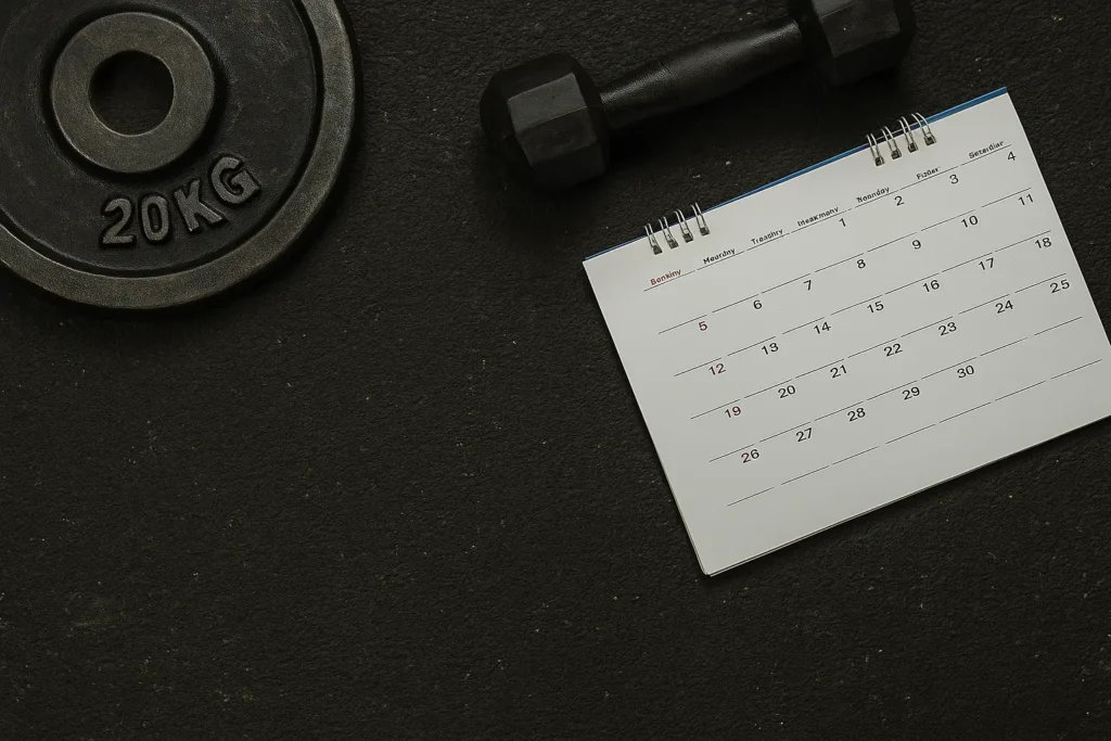 Calendário com anilha de 20kg e halter, ilustrando planejamento semanal de treinos e rotina de academia.