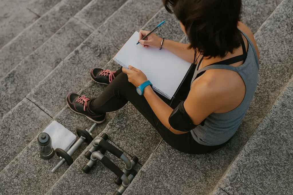 Atleta escrevendo série ABCD em caderno, com halteres e garrafa de água ao lado, simbolizando organização de treino abc na academia