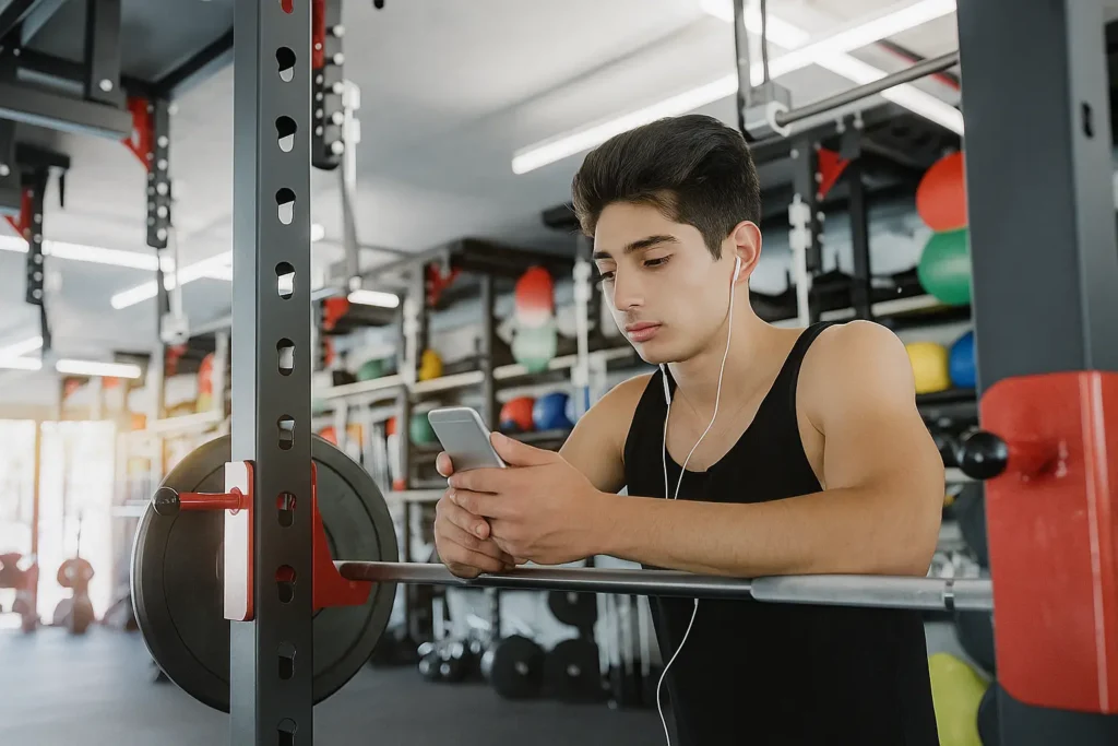 Homem mexendo no celular na academia