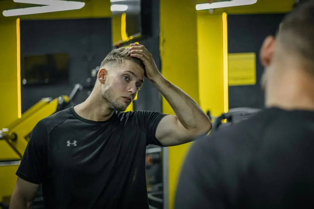 Homen com a mão na cabeça pensando em uma academia