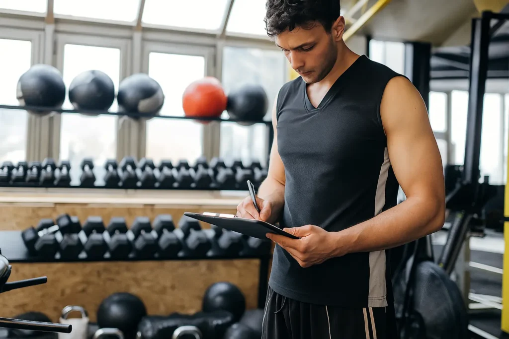 Homem escrevendo um treino ABCD na academia