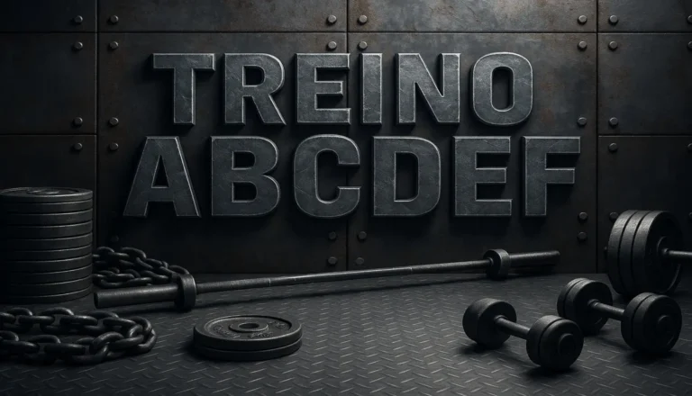 Treino ABCDEF escrito em uma parede de ferro e acessórios ao redor