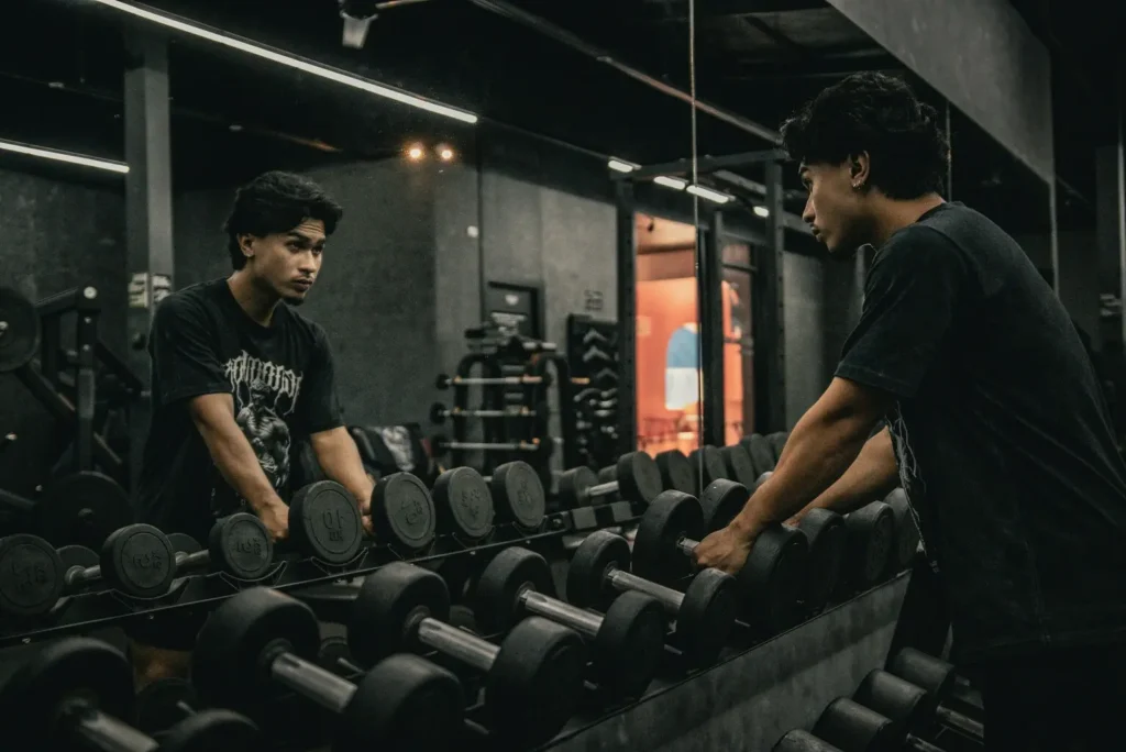 Homem olhando no espelho pensando no treino ab masculino